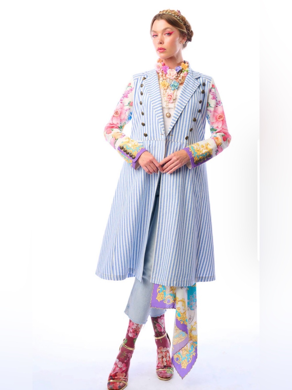 Aratta Striped Blue & White Sailor’s Love Coat Double-Breasted Floral Jacket